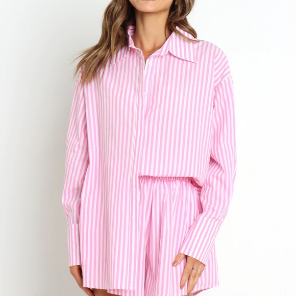 Pink Pinstripe Matching Set- Shorts and Button Up Long Sleeve Shirt - Picture 14 of 16